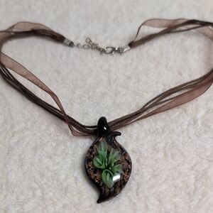 Handmade Murano Glass Style Black Glass Leaf Pendant Necklace with Green Flower
